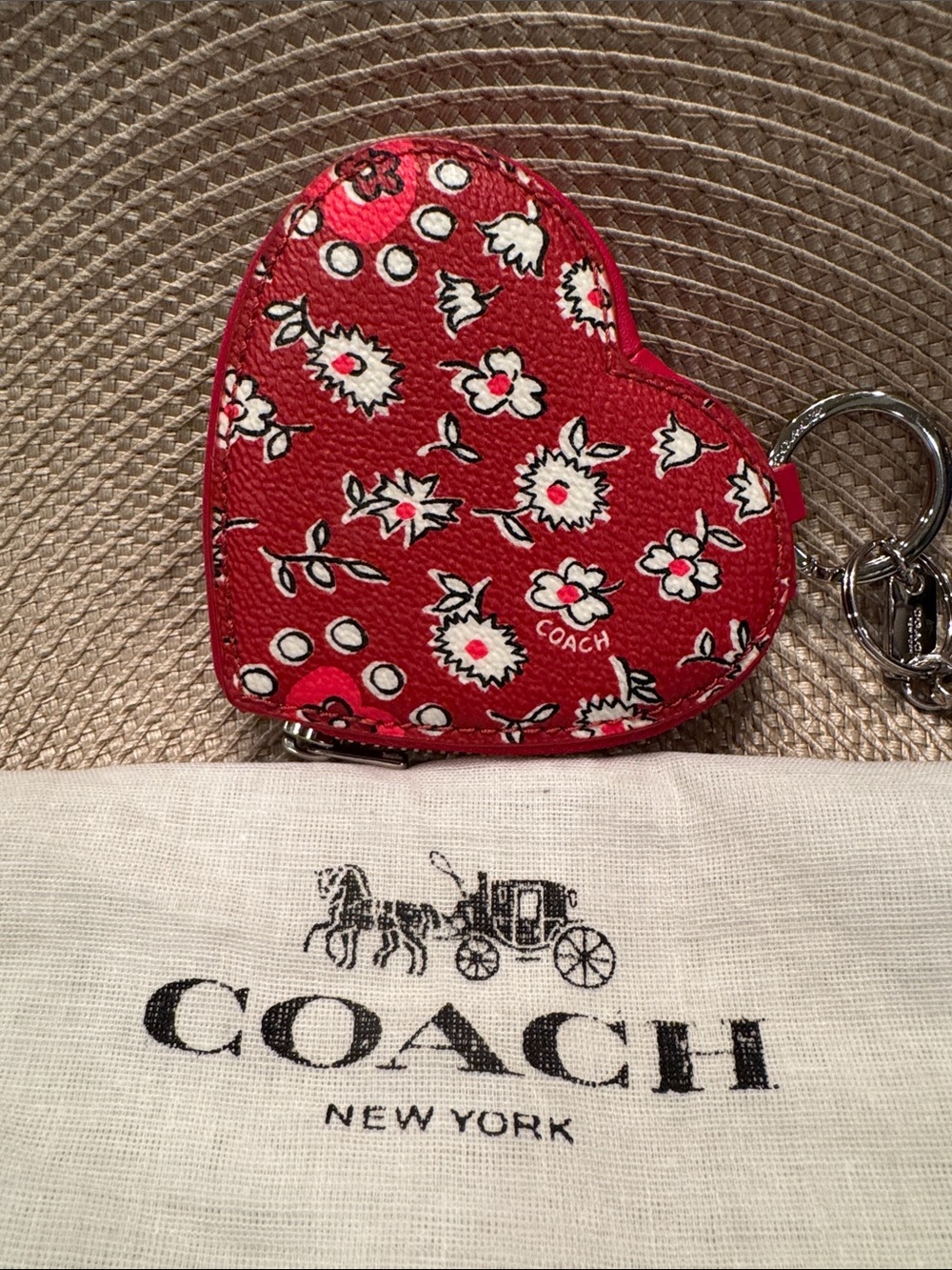 Coach Red Floral Heart Coin Pouch Keyring